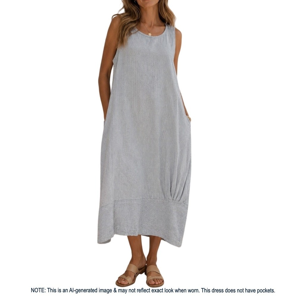 Kokomarina Linen Dress Womens XL Blue White Stripe Lagenlook Midi Sleeveless
